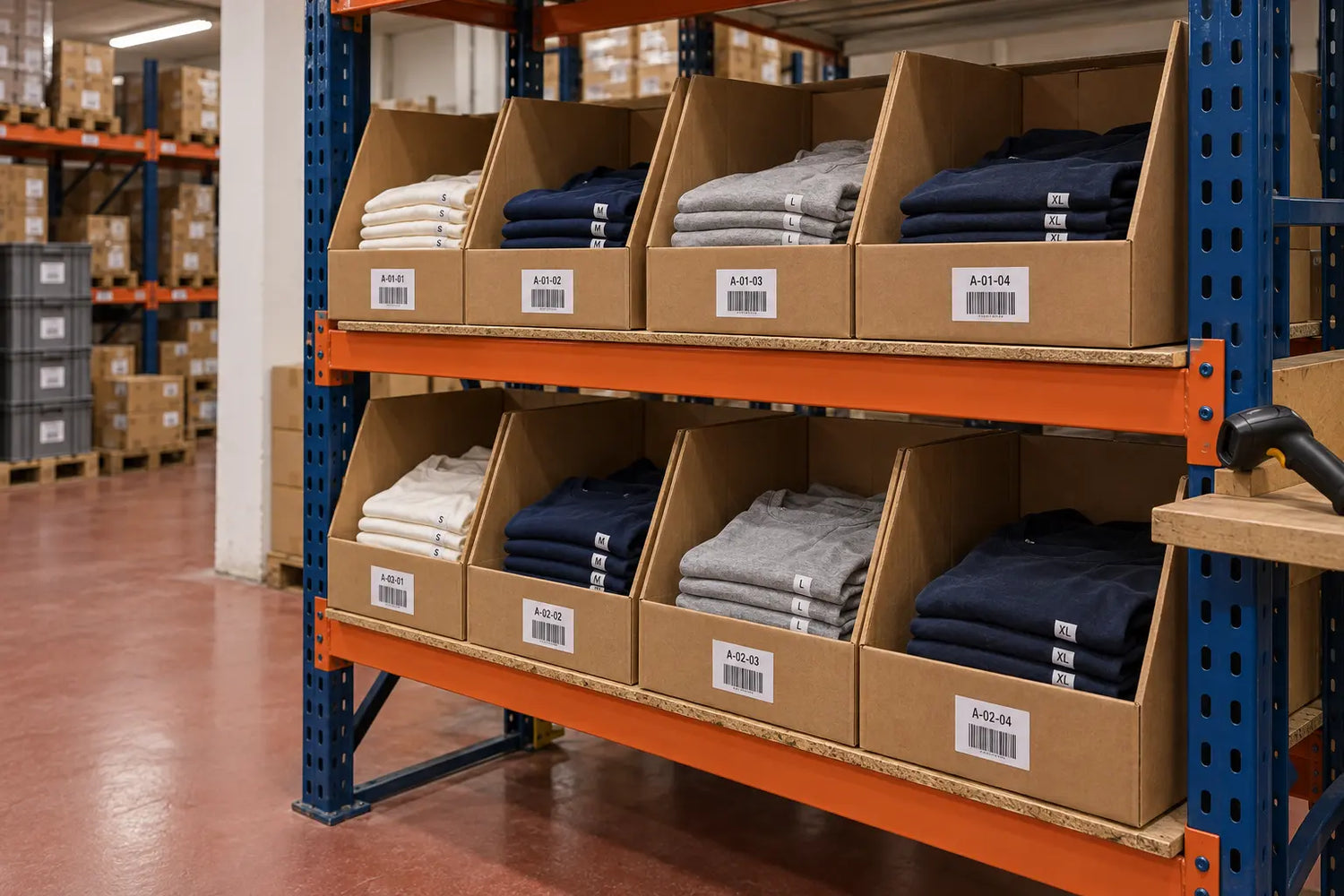 Estanterías con cajas de picking de prenda doblada por tallas